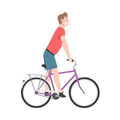Fototapeta na wymiar Happy Man Riding Bicycle Enjoying Vacation or Weekend Activity Vector Illustration