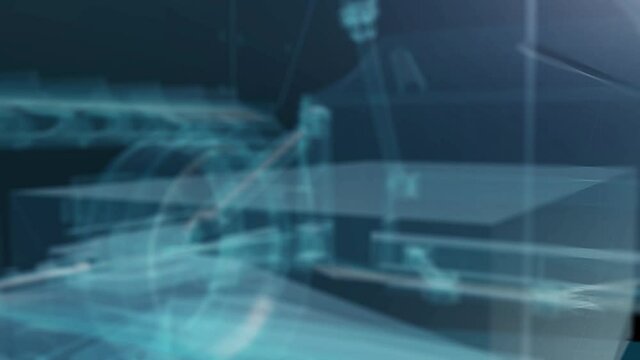 Bulldozer hollogram polygonal model. Tractor in motion, lines and points connected to form. Digital hologram visualization of 3d.