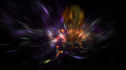 Obraz premium Abstract orange and violet fireworks. Holiday background with fantastic light effect. Digital fractal art. 3d rendering.