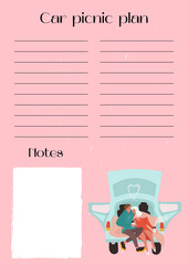 Happy Valentine's Day. Vector car picnic plan list with lines and place for notes. Nice vector flat illustration with lovers for Valentine's Day in cartoon style. A loving couple drinks coffee.