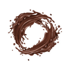 Liquid chocolate splashes circle on a white background
