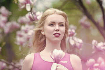 Obraz na płótnie Canvas Spring, nature and environment. Magnolia flower blossom and woman in blossom park.