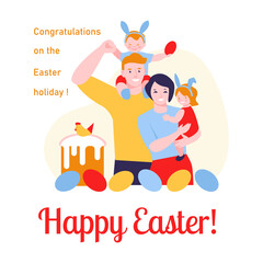 Happy easter. The family celebrates Easter with eggs, Easter cake. Mother, father, daughter, son. Vector illustration in flat cartoon style. For banners, greeting cards, posters.