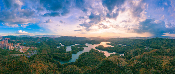 Aerial view of Honghua Lake scenic spot in Huizhou City, Guangdong Province, China