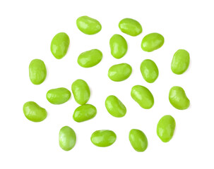 Green soy beans on white background top view.
