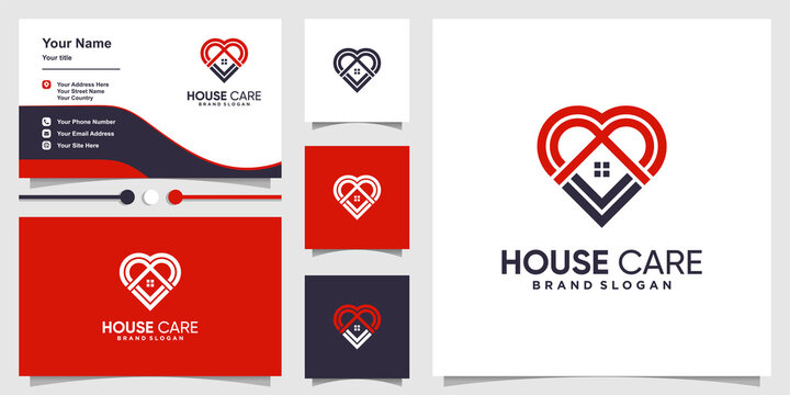 House logo with love care concept and business card design template Premium Vector