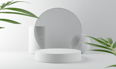 White product display podium with bamboo nature leaves. 3D rendering