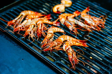 Shrimp  on the BBQ Grill closeup