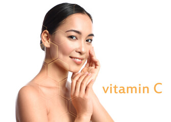 Portrait of young Asian woman with healthy skin on white background
