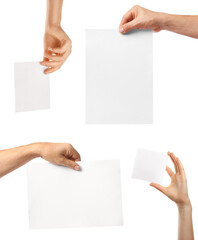 Male hand with blank paper on white background