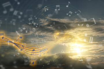 View of beautiful sky with clouds and flying music notes