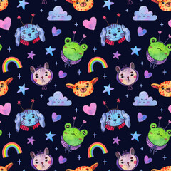 Watercolor seamless pattern with cute funny animal faces, cloud, rainbow, stars, hearts.Colorful hand drawn illustration with various cartoon muzzles isolated on adrk background.