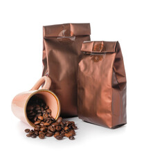 Bags and cup with coffee beans on white background