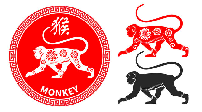 Monkey, Chinese zodiac symbol. Set consists of apes in different variations. Silhouette, painted in chinese style with floral ornament, black silhouette in graphic style. Vector illustration.