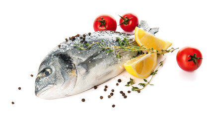 Raw dorado fish with ingredients on white background