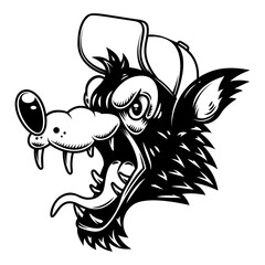 Illustration of cartoon wolf in racer helmet. Design element for poster, card, banner, sign, logo. Vector illustration