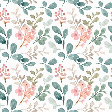 Seamless pattern of green and gray leaves with watercolor