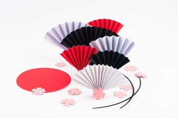 Origami paper fans on white background. Paper design for Japan National Foundation day.