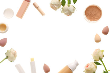 Cosmetics and flowers on white background