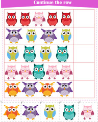 Logic game for children. Continue a row of owls Worksheet