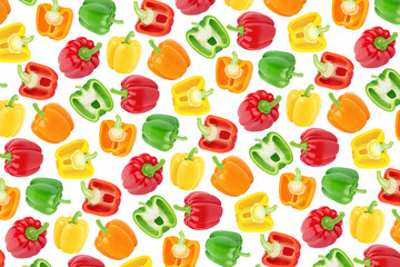 Multicolored endless pattern made with bell pepper isolated on white background.