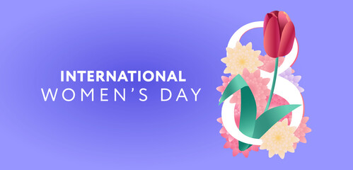 Happy International Womens day. 8 march symbol with red tulip on background. Vector flower spring illustration