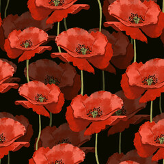 Seamless pattern with wild red poppies. Poppy flowers. Seamless background pattern of poppy flowers.