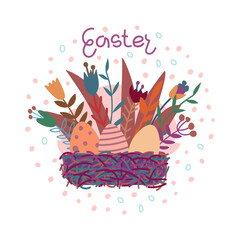 Vector illustration on the theme of Easter. Flowers in a goat with colored eggs. For poster and congratulation..