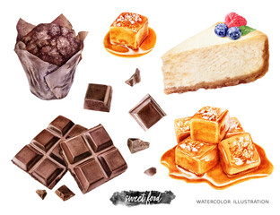 Sweet food set watercolor illustration isolated on white background