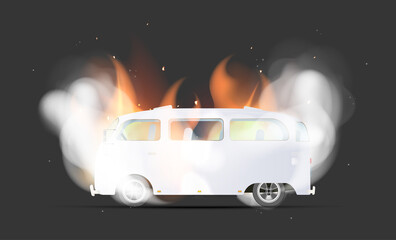 Obraz na płótnie Canvas White bus in flames and smoke. The bus is on fire. Isolated. Vector illustration.