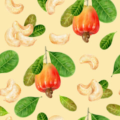Watercolor seamless pattern cashew on a color background.