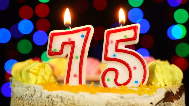 Number 75 Happy Birthday Cake With Burning Candles Topper.