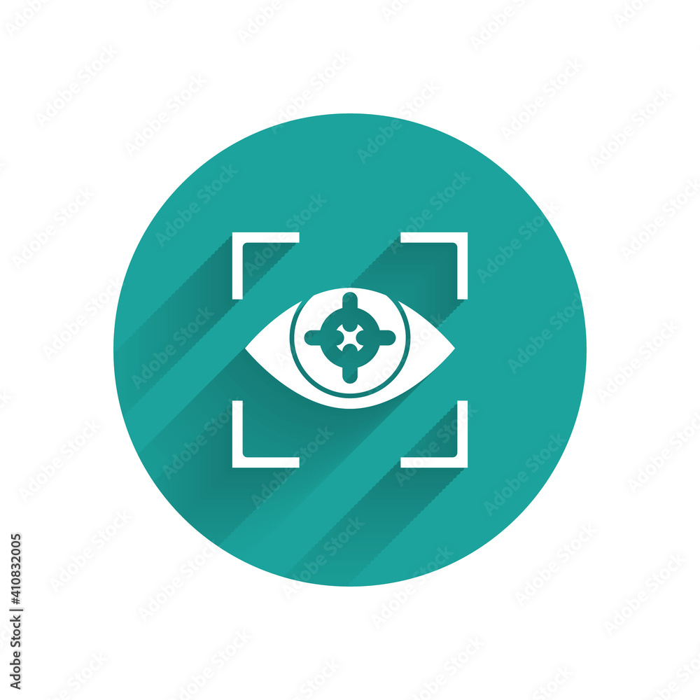 Poster white eye scan icon isolated with long shadow. scanning eye. security check symbol. cyber eye sign. 