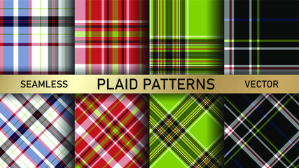 Seamless vector multicolor plaid patterns. Set of 8 tartan backgrounds. Collection of stylish geometric designs for fabric, textile, wrapping etc.	