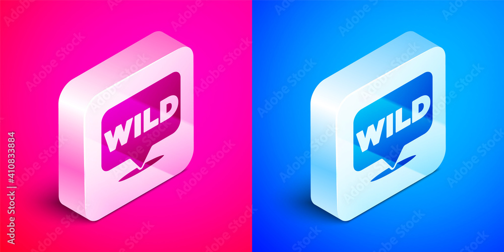 Poster isometric pointer to wild west icon isolated on pink and blue background. western signboard, message