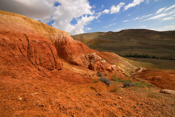 desert landscape. Mountains and hills with red soil. Martian landscape.