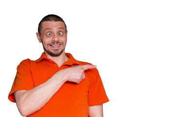 A funny man smiles and points a finger. White background.