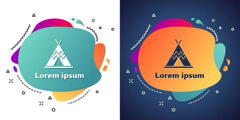 White Traditional indian teepee or wigwam icon isolated on white and blue background. Indian tent. Abstract banner with liquid shapes. Vector. © Oksana