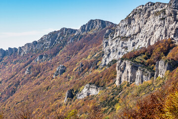 French countryside. Col de la Bataille: view of the heights of the Vercors, the marly hills and the...