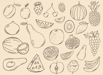 Hand drawn fruits collection vector design illustration isolated on background