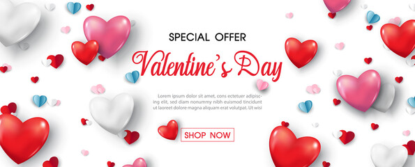 Valentine day's specials offer and colorful harts on white background. Valentine greeting card in paper cut style and vector design.