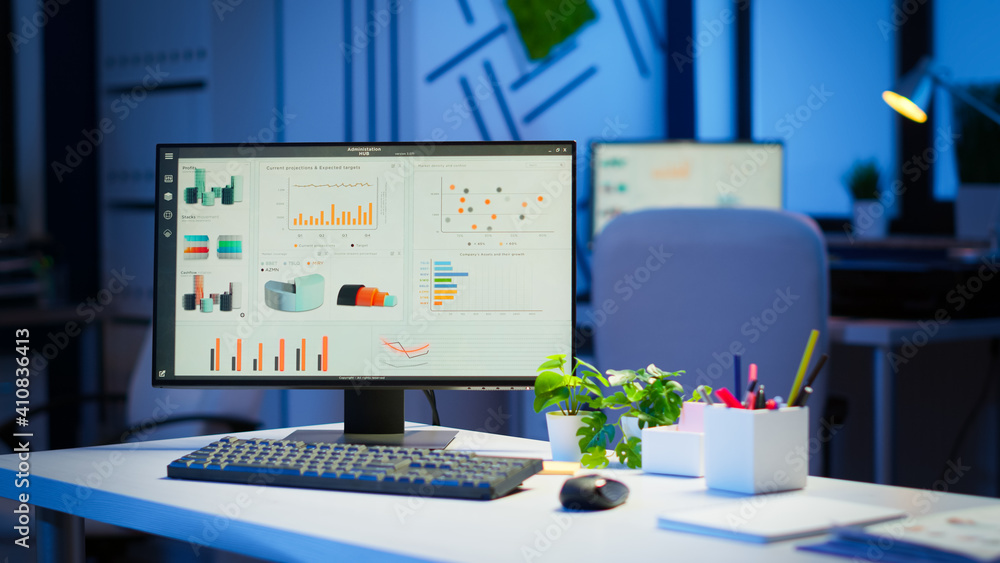Poster interior of empty start up business office with modern design during night with graphics running on 