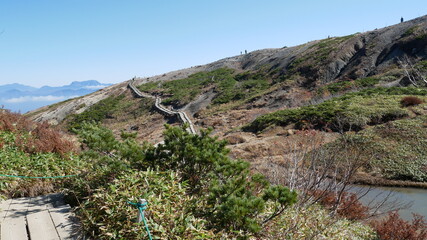 boardwalk in the mountain side at Hakuba, Japan, early autumn