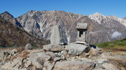 mountain shrine in the mountain view at Hakuba, Japan, early autumn