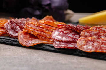 Delicious meat slicing on plate close up