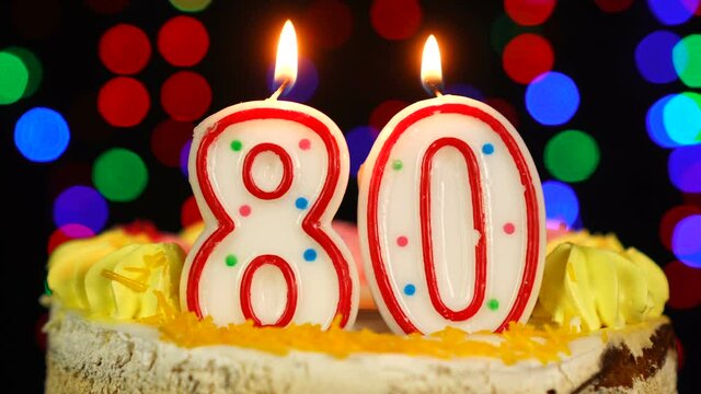 Number 80 Happy Birthday Cake With Burning Candles Topper.