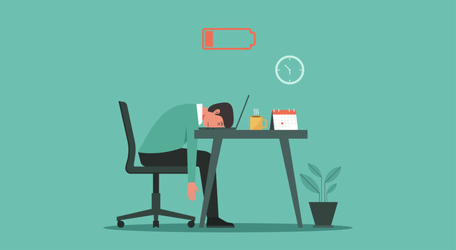 Professional burnout syndrome concept. Tired or exhausted man with low energy battery sitting at the office and working on laptop computer in workplace, vector flat illustration