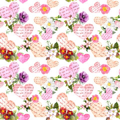Flowers, hearts with handwritten notes I love you in fifferent languages. Seamless background. Watercolor for Valentine day