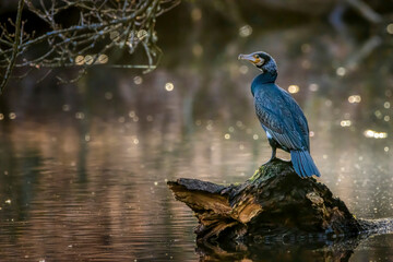 A great black cormorant sitting on a tree in a pond called Jacobiweiher next to Frankfurt, Germany at a sunny evening in winter.