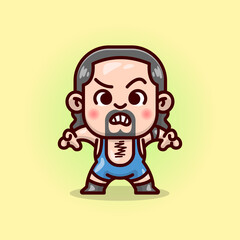 LONG HAIR MALE WRESTLER IN BLUE OUTFIT LOOKING FURIOUS 